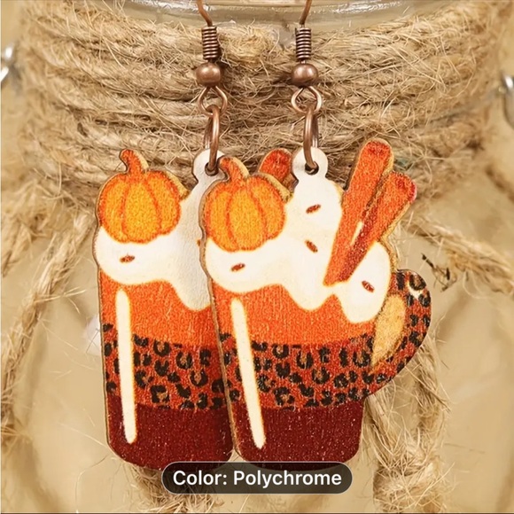 Earrings, NWT, Wooden Pumpkin Latte Cup W/Leopard Print, Dangle, So Cute! - Picture 5 of 6